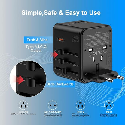 Universal Travel Adapter, International Power Plug Converter with 45W PD Charger, 2500W Support, All-in-One AC Adapter Travel Essentials for Europe EU UK US AUS, Type C Port