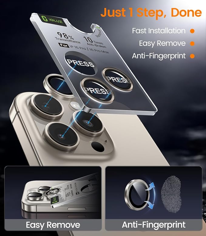 iGluz 2 Pack Anti-Reflection Camera Lens Protector for iPhone 16 Pro/iPhone 16 Pro Max [98% Transmittance][1-Step Installation Tray][Strong Adsorption] 9H Shatterproof Tempered Glass-Natural Titanium