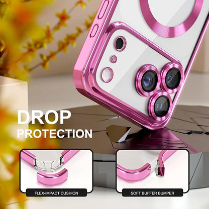 Misea Magnetic for iPhone 17 Pro Max Case Compatible with MagSafe [Never Yellowing] [Military Grade Drop Protection] Full Camera Lens Protector Plating Soft Clear Phone Case for Women, Hot Pink