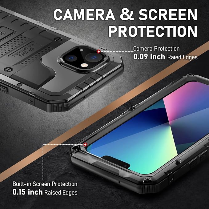 Beasyjoy for iPhone 13 Case Waterproof, Metal Phone Case with Built-in Screen Protector, Heavy Duty Full Body Protective Military Grade Shockproof Rugged Defender Cover 6.1 Inch, Black