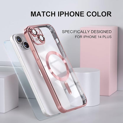 Misea Magnetic for iPhone 14 Plus Case Compatible with MagSafe [Never Yellowing] [Military Grade Drop Protection] Full Camera Lens Protector Plating Soft Clear Phone Case for Women Girls, Pink