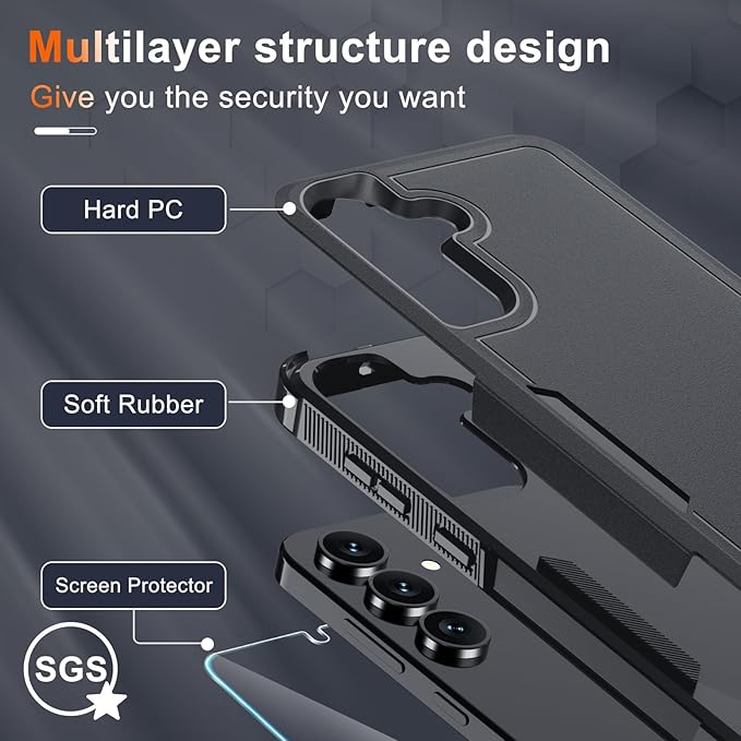 for Samsung Galaxy S25 FE Case with Screen Protector+Camera Lens Cover,Military Grade Heavy Duty Shockproof Phone Cover with Wrist Lanyard Strap for Samsung S25fe,Black Matte