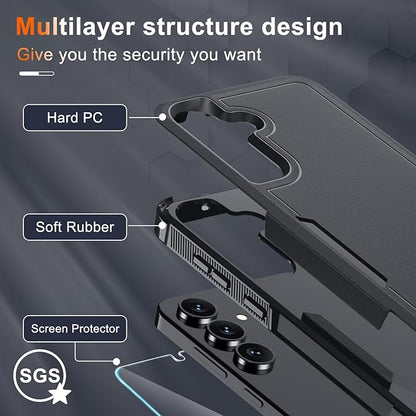 for Samsung Galaxy S25 FE Case with Screen Protector+Camera Lens Cover,Military Grade Heavy Duty Shockproof Phone Cover with Wrist Lanyard Strap for Samsung S25fe,Black Matte