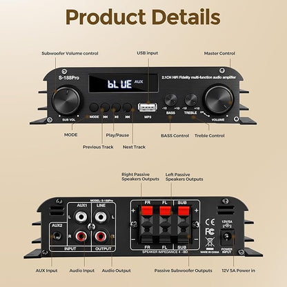 2.1 Channel Stereo Audio Amplifier, 300Wx2+360W Home Audio Bluetooth 5.0 Stereo System with USB/AUX, Remote, Bass Treble & Sub Control, for Active/Passive Subwoofer & Speaker, 12V 5A Adapter