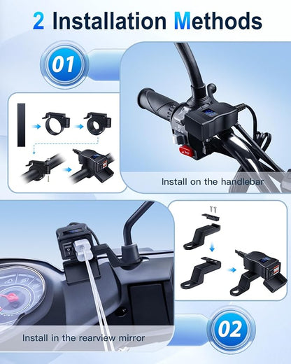 EXTRACTME Motorcycle USB Charger, Total 36W Dual USB QC3.0 Motorcycle Phone Charger with Voltage Monitor & ON/Off Switch, ATV/Motorcycle Accessories for All Phone, Tablet, GPS(Blue)