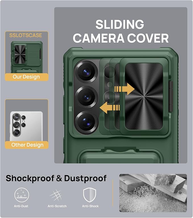 SSLOTSCASE for Samsung Galaxy S25 Ultra Case with Card Holder & Camera Cover Stand & Slide Lens Cover, Multifunctional Rugged Wallet Phone Case Cover for Galaxy S25 Ultra 6.9'', Green