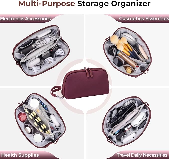 FYY Travel Cable Organizer - 8 Compartments, Lightweight, Water Repellent | With Wrist Strap, Portable Tech Pouch for Cord Charger, Travel and Business Trips Use, Soft Shell Nylon, Wine Red (Medium)