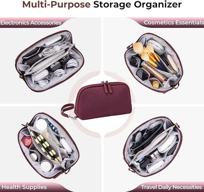 FYY Travel Cable Organizer - 8 Compartments, Lightweight, Water Repellent | With Wrist Strap, Portable Tech Pouch for Cord Charger, Travel and Business Trips Use, Soft Shell Nylon, Wine Red (Medium)