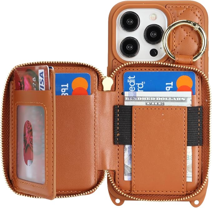 Crossbody Wallet Case for iPhone 14 Pro, PU Leather Zipper Handbag Purse Flip Cover, Kickstand Folio Case with Card Slots Holder Wrist Strap Lanyard 5G 6.1 Inch-Brown