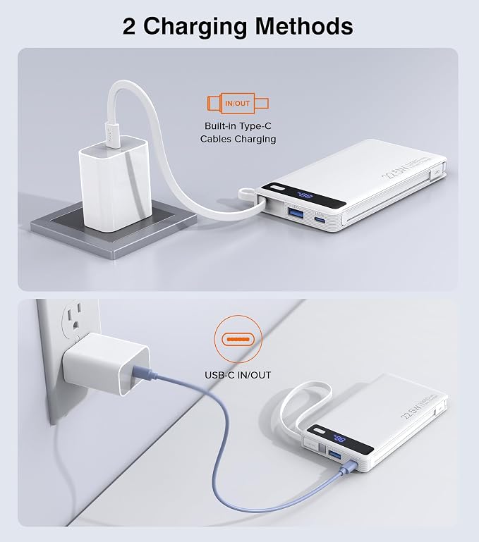 Power Bank with 2 Built-in Cables 10000mAh, 22.5W PD Slim Portable Charger USB C Battery Pack, Travel Essentials Fast Charging Powerbank Compatible with iPhone 17 16 Plus Pro Galaxy iPad White(1 Pack)