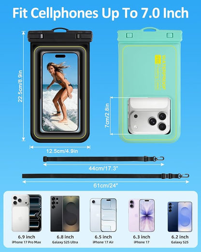 Floating Waterproof Phone Pouch 2 Pack, IP68 Waterproof Phone Case, Up to 8.3" Dry Bag for iPhone 17 16 15 14 Pro Max Samsung S25 Ultra S24 S23, Kayak/Beach/Cruise Travel Essentials - Black+Green
