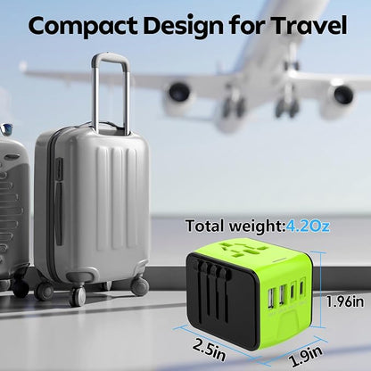JMFONE International Travel Adapter 2 USB-C & 2 USB-A Ports and Multi AC Sockets,Universal Power Adapter Worldwide All in One High Speed 2.4A Perfect for 200+ Countries (Green)
