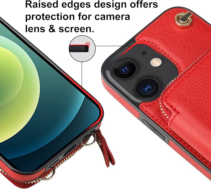 Bocasal Crossbody Wallet Case for iPhone 12/12 Pro, RFID Blocking Leather Purse Case with Card Holder, Protective Handbag Flip Cover with Zipper Wrist Strap Lanyard for Women 5G 6.1 Inch (Red)
