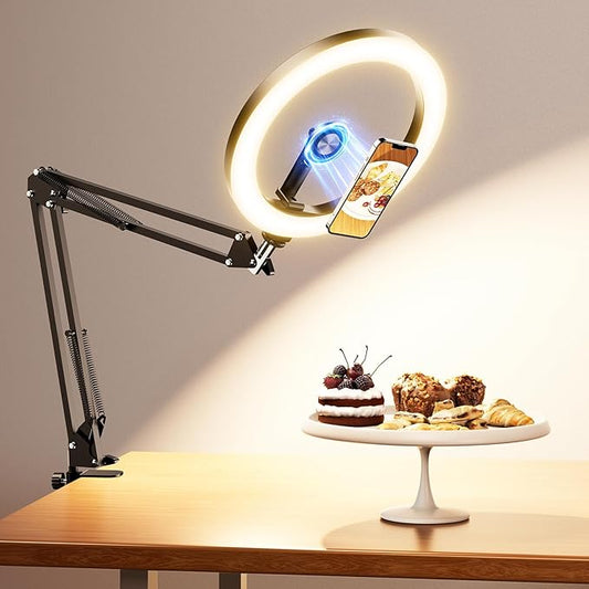 Magnetic Overhead Ring Light for Desk, 10” Selfie Light with Stand Tripod for iPhone, Adjustable Overhead Phone Mount with MagSafe-Compatible Holder for Recording, Vlogging, Crafts, TikTok, YouTube