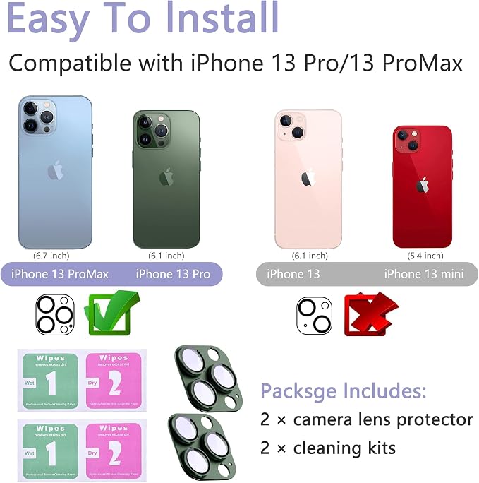 2 Pack Camera Lens Protector for iPhone 13 Pro/13 Pro Max,[Not Easy to Breakn ] AR Tempered Glass Strong Adsorption Metal Camera Cover Screen-Dark green