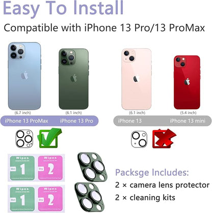 2 Pack Camera Lens Protector for iPhone 13 Pro/13 Pro Max,[Not Easy to Breakn ] AR Tempered Glass Strong Adsorption Metal Camera Cover Screen-Dark green