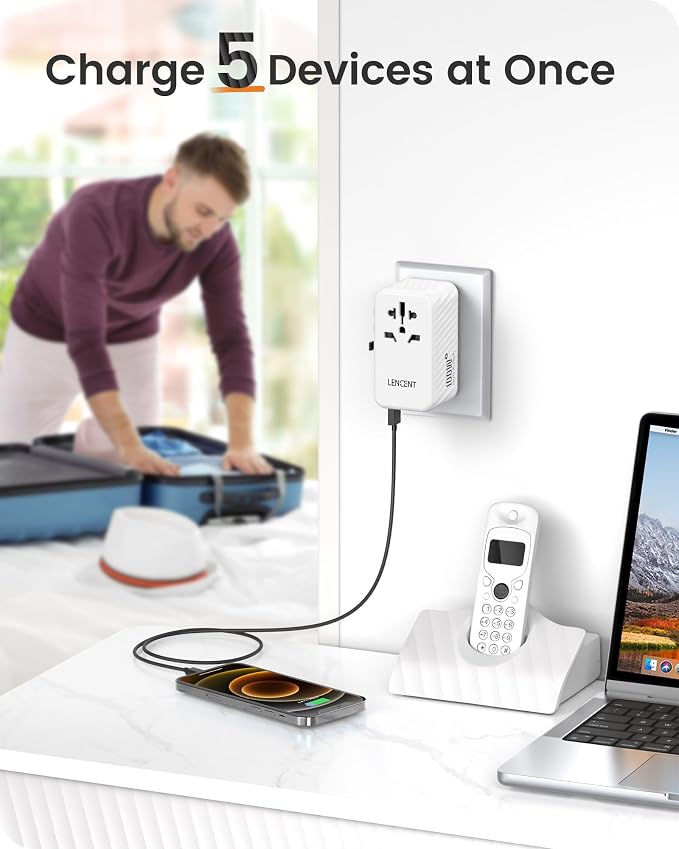 LENCENT Universal Travel Adapter, 100W GaN International Fast Charger | with 2 PD3.0 Type C+2 USB A, Worldwide Power Adaptor for Phones,Laptops, All in One Travel Essentials for EU/USA/UK/AU, White