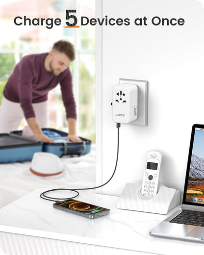 LENCENT Universal Travel Adapter, 100W GaN International Fast Charger | with 2 PD3.0 Type C+2 USB A, Worldwide Power Adaptor for Phones,Laptops, All in One Travel Essentials for EU/USA/UK/AU, White