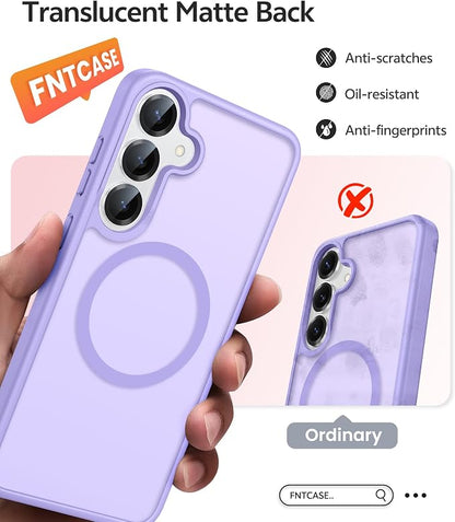 FNTCASE for Samsung Galaxy S25/S24 Case, Fit for Magsafe, Screen Protector | Translucent Matte Magnetic Back, 14FT Military Grade Drop Protection, Shockproof Protective Phone Cover, Light Purple