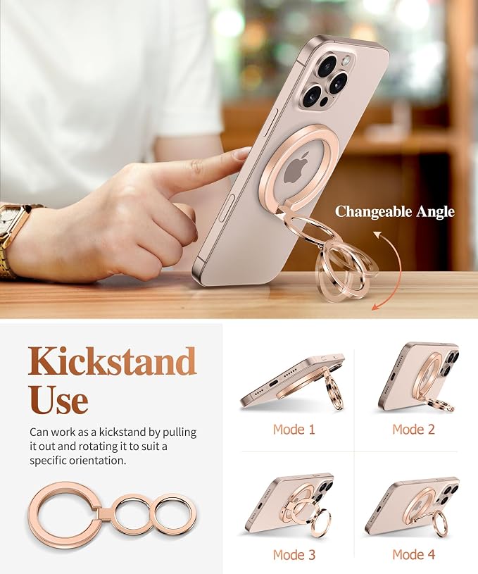 GVIEWIN Magnetic Phone Ring Holder, Compatible with MagSafe Phone Grip with Adjustable Stand, Magnet Phone Ring Kickstand for iPhone 17/16/15/14/13/12 Pro Max Plus Air/Other Phones (Clear/Orange)