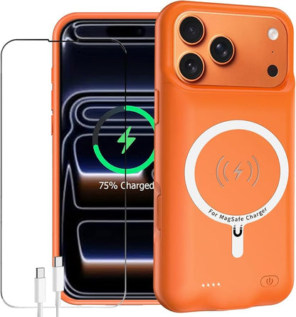 Battery Case for iPhone 17 Pro, Enhanced 10000mAh Portable Protective Wireless Charging Case Support Carplay Compatible with iPhone 17 Pro (6.3 inch) Rechargeable Extended Battery Charger Case-Orange