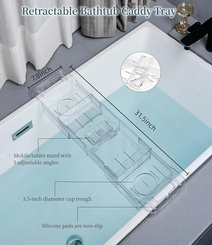 Bathtub Caddy Tray,Adjustable Bathtub Tray Table, Bath Organizer for Relaxing Spa-Features 2 Cup Holders, A Phone Stand with 5 Angle Adjustments,Non-Slip Silicone Pads,Won't Get Moldy,Easy to Clean.