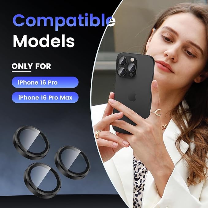 for iPhone 16 Pro/iPhone 16 Pro Max Camera Lens Protector Anti-Scratch Lens Cover, 9H+ Tempered Glass Camera Screen Protector, HD View w/Night Shoot, Shatterproof, Black Titanium