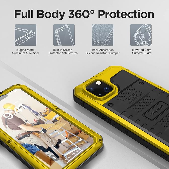 Mitywah Waterproof Case for iPhone 14, Heavy Duty Shockproof Case with Built-in Screen Protector, Full Body Underwater Protective Metal Case 6.1 inch, Yellow