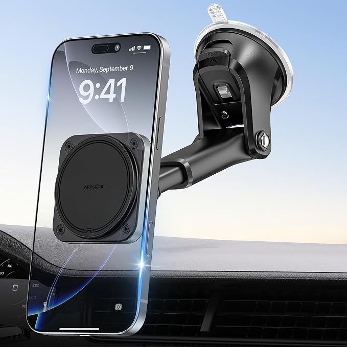 APPS2Car for MagSafe Car Mount【Upgraded 20xN55 Magnets】 Strong Magnetic Phone Holder, Suction Cup Stand for Dashboard Windshield, Adjustable Telescopic Arm, Fit for iPhone 17 16 15 14 13 12 Android