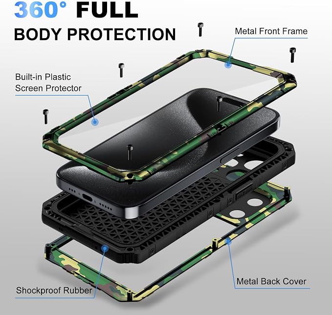 Beasyjoy for iPhone 15 Pro Case Waterproof, Metal Heavy Duty Full Body Protective Case with Built-in Screen Protector, Military Grade Shockproof Dustproof Defender Case for iPhone 15 Pro 6.1", Camo