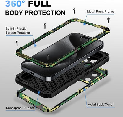 Beasyjoy for iPhone 15 Pro Case Waterproof, Metal Heavy Duty Full Body Protective Case with Built-in Screen Protector, Military Grade Shockproof Dustproof Defender Case for iPhone 15 Pro 6.1", Camo