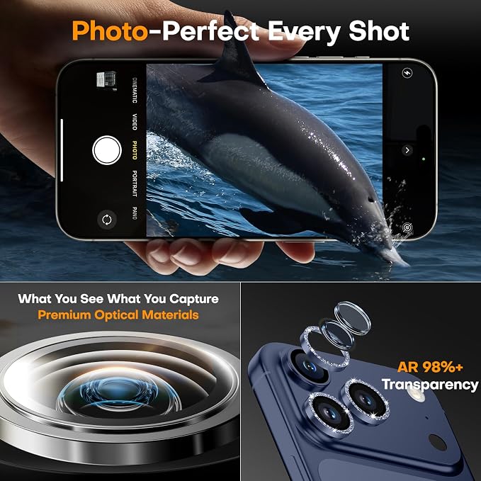 Camera Lens Protector for iPhone 17 Pro Max/17 Pro/16 Pro Max/16 Pro/15 Pro Max/15 Pro/14 Pro Max/14 Pro,Tempered Glass Metal Individual Camera Cover[Anti-drop]Case Friendly- Glitter Deep Blue