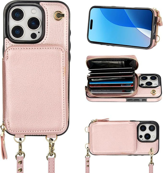 Bocasal Crossbody Wallet Case for iPhone 16 Pro, RFID Blocking Leather Purse Case with Card Holder, Protective Handbag Flip Cover with Zipper Wrist Strap Lanyard for Women 5G 6.3 Inch (Rose Gold)