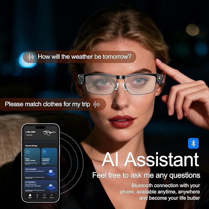 AI Smart Glasses with Camera, 8MP HD Video Recording, Real-Time Translation, Voice Assistant, camera glasses,ai glasses,Open-Ear Audio, Metal Frame, Auto Color-Changing Lenses for Travel & Vlogging