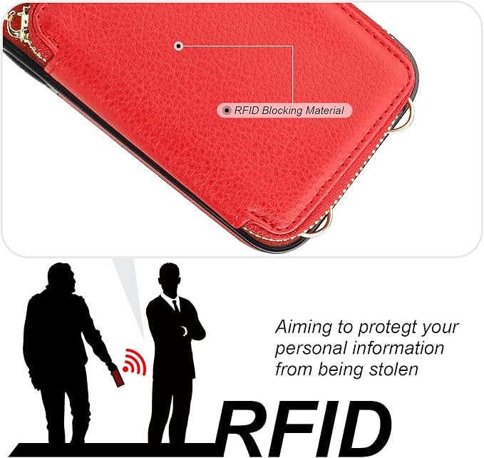 Bocasal RFID Blocking Wallet Case for iPhone 17, Adjustable Crossbody Zipper Purse Case Card Holder with Kickstand Detachable Wrist Strap, PU Leather Flip Folio Case 6.3 Inch 5G (Red)