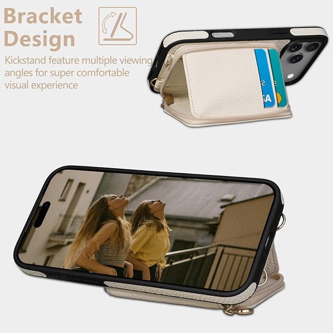 Keallce Case for iPhone 17 Pro Max 6.9'' Case Wallet, Crossbody Zipper Purse with RFID Blocking Card Slots Kickstand, Lanyard & Handstrap Flip Folio Leather Phone Cover for iPhone 17 Pro Max, Beige