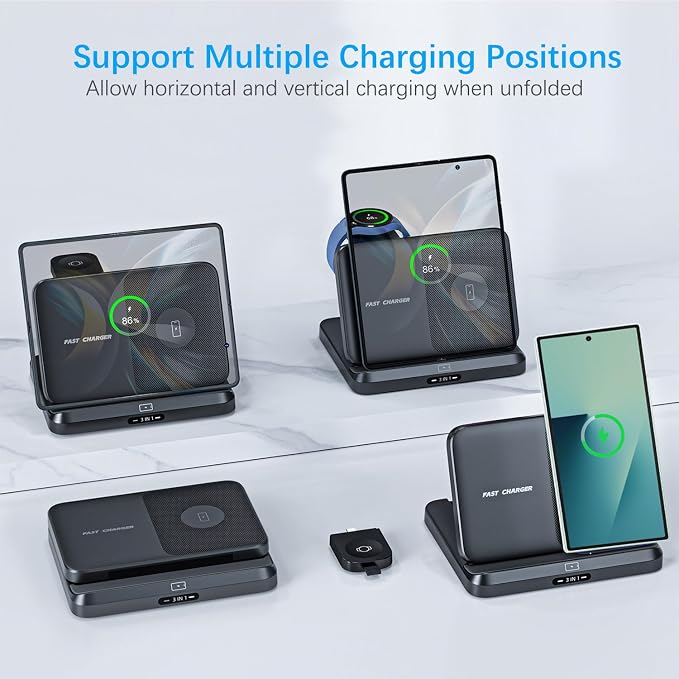 for Samsung Galaxy Z Fold 7 6 5 4 Wireless Charger Station, 3 in 1 Foldable Charging Stand Fast Charging Dock for Galaxy Z Flip 7 6 5 4 / Z Trifold/Galaxy S25/S26 Ultra/Galaxy Watch/Galaxy Buds