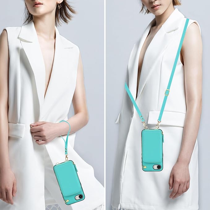 Bocasal Crossbody Wallet Case for iPhone 17e/16e, RFID Blocking Leather Purse Case with Card Holder, Protective Handbag Flip Cover with Zipper Wrist Strap Lanyard for Women 5G 6.1 Inch (Mint Green)