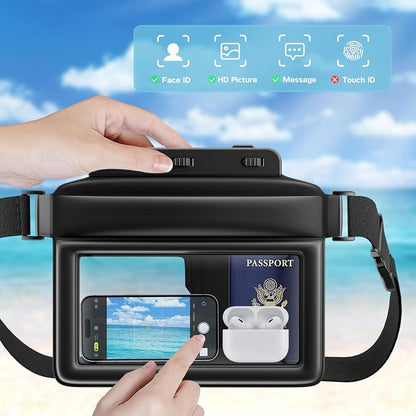 JOTO Large Floating Waterproof Phone Pouch with Adjustable Waist Strap, Water Proof Fanny Pack Dry Bag Wallet for Cellphone Passport Watch and Valuables, Beach Essential for Swimming Snorkeling -Black