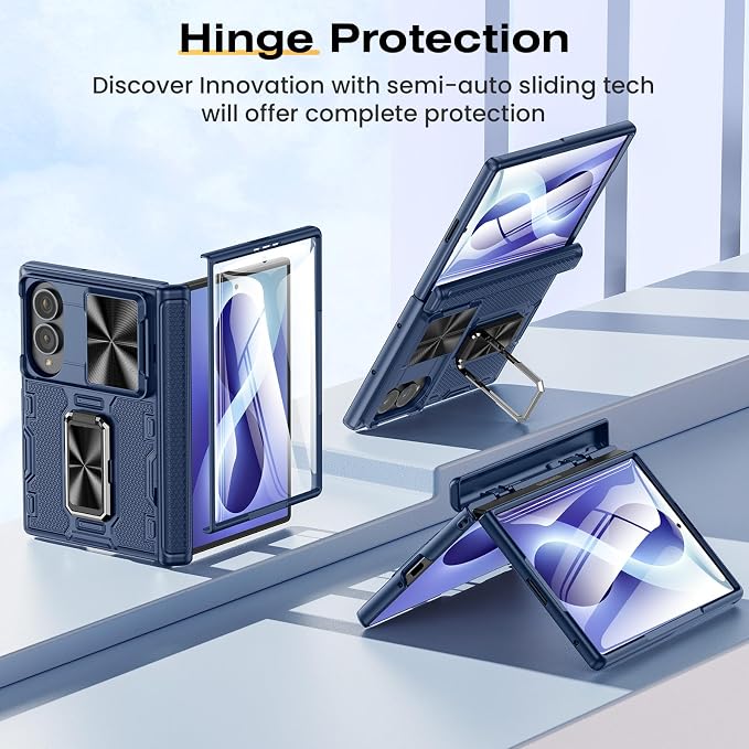 VEGO for Galaxy Fold 8 Case with Rugged Kickstand & Screen Protector, Blue | Hinge Protection[Rotating Stand][Slide Camera Cover]Hard PC Shockproof Protective Case for Samsung Z Fold 8