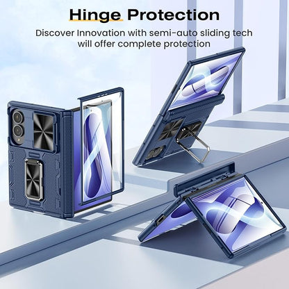 VEGO for Galaxy Fold 8 Case with Rugged Kickstand & Screen Protector, Blue | Hinge Protection[Rotating Stand][Slide Camera Cover]Hard PC Shockproof Protective Case for Samsung Z Fold 8