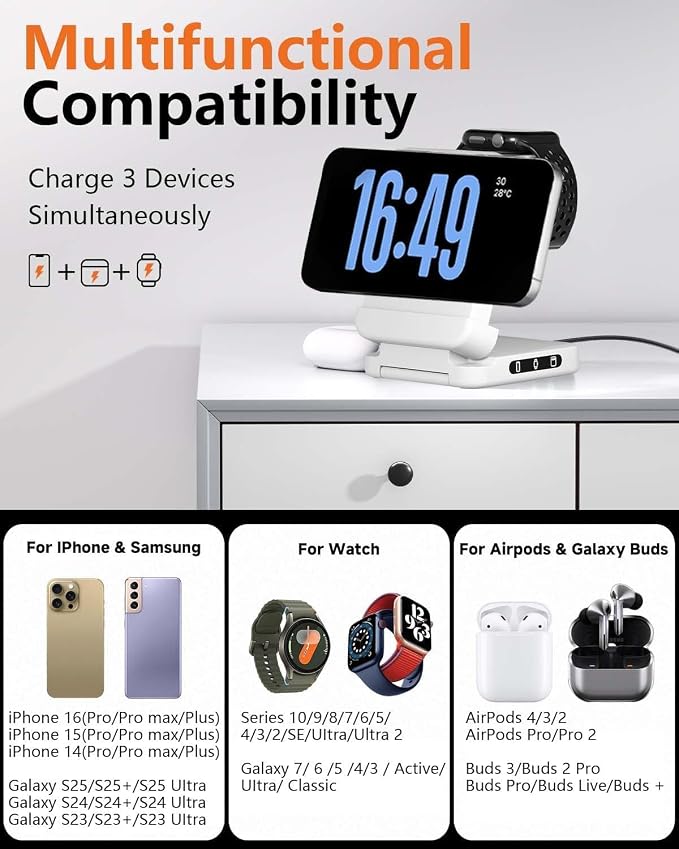3 in 1 Foldable Wireless Charger, 15W Qi2 Magnetic Charger Stand for iPhone & Samsung, Apple Watch & Galaxy Watch, AirPods & Galaxy Buds, Travel-Friendly, 25W PD Adapter Included (White)