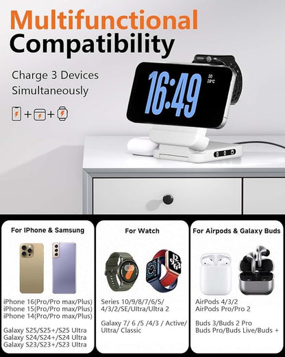 3 in 1 Foldable Wireless Charger, 15W Qi2 Magnetic Charger Stand for iPhone & Samsung, Apple Watch & Galaxy Watch, AirPods & Galaxy Buds, Travel-Friendly, 25W PD Adapter Included (White)