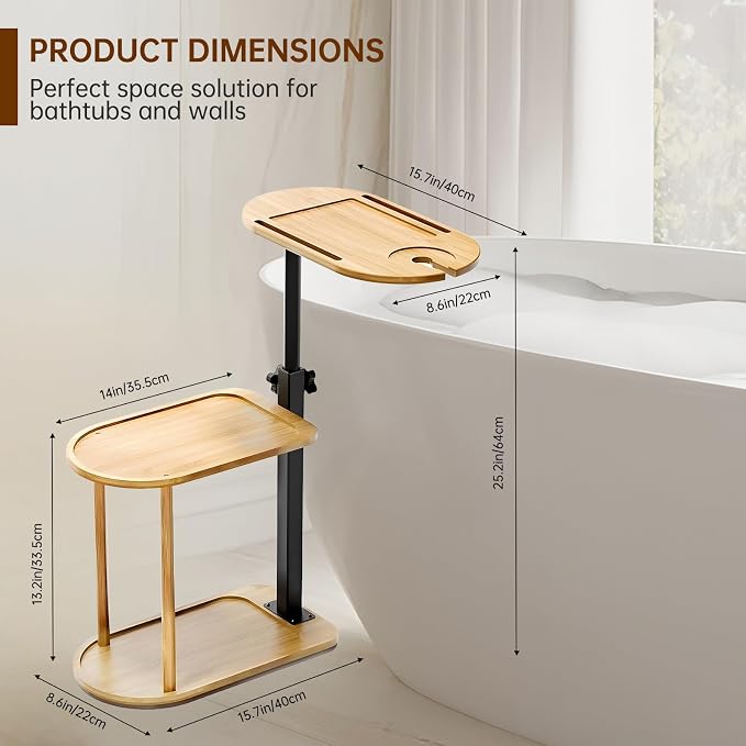3 Layer Bamboo Bathtub Tray Table, Modern Design with 360 Swivel, Height Adjustable, Phone & Wine Glass Slots, Space-Saving for Bathroom, Bedroom, Kitchen