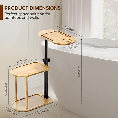 3 Layer Bamboo Bathtub Tray Table, Modern Design with 360 Swivel, Height Adjustable, Phone & Wine Glass Slots, Space-Saving for Bathroom, Bedroom, Kitchen