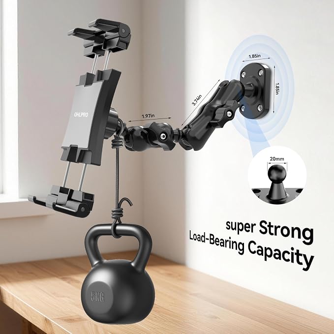 OHLPRO Heavy Duty Drill Base Tablet Holder for Car & Truck Dashboard Mount with 360° Adjustable 2-Stage Arm for 5-13" iPads Tablets & Phones Kindle, Mounting for Commercial Vehicles Boat Wall Desk