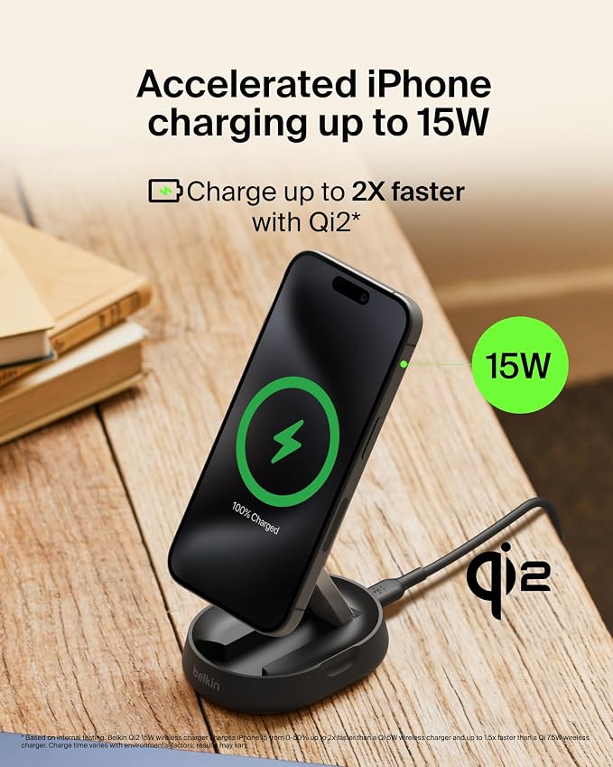 Belkin Convertible Magnetic Charging Stand 15W - MagSafe-Compatible Fast Qi2 Charger, iPhone Charger for Apple iPhone 16, 16 Plus, 16 Pro, 16 Pro Max, iPhone 15 & 14, Apple Airpods Pro, & More - Black