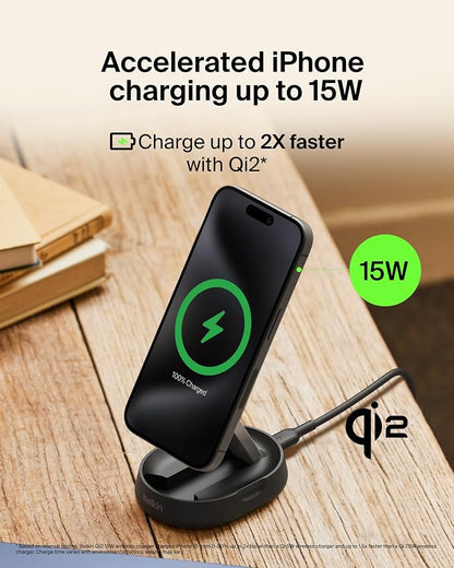 Belkin Convertible Magnetic Charging Stand 15W - MagSafe-Compatible Fast Qi2 Charger, iPhone Charger for Apple iPhone 16, 16 Plus, 16 Pro, 16 Pro Max, iPhone 15 & 14, Apple Airpods Pro, & More - Black