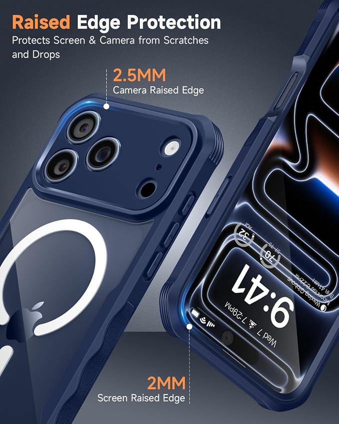 seacosmo for iPhone 17 Pro Max Case, Full Body Bumper with Built-in Tempered Glass Screen Protector and Camera Lens Protection, Compatible with MagSafe, Shockproof 17 Pro Max Case, 6.9", Deep Blue