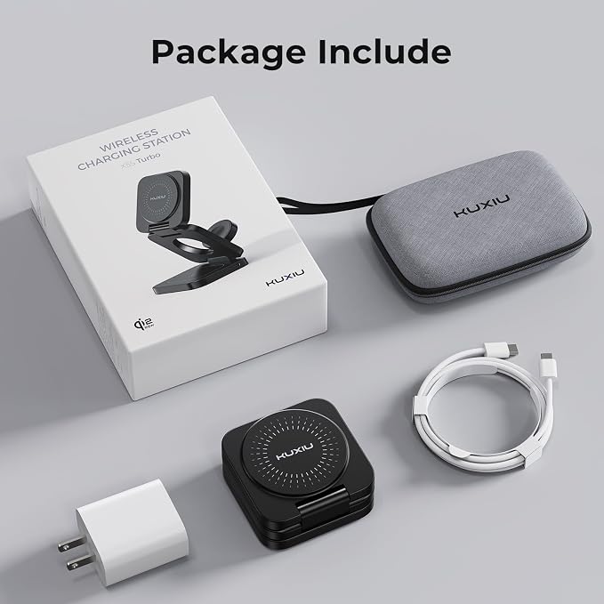 KU XIU Qi2.2 25W 3-in-1 Charging Station for Apple Device, Foldable Magnetic Charger for iPhone 17/16, 5W for Apple Watch & AirPods, Fast Travel Wireless Charging Stand with 45W Adapter